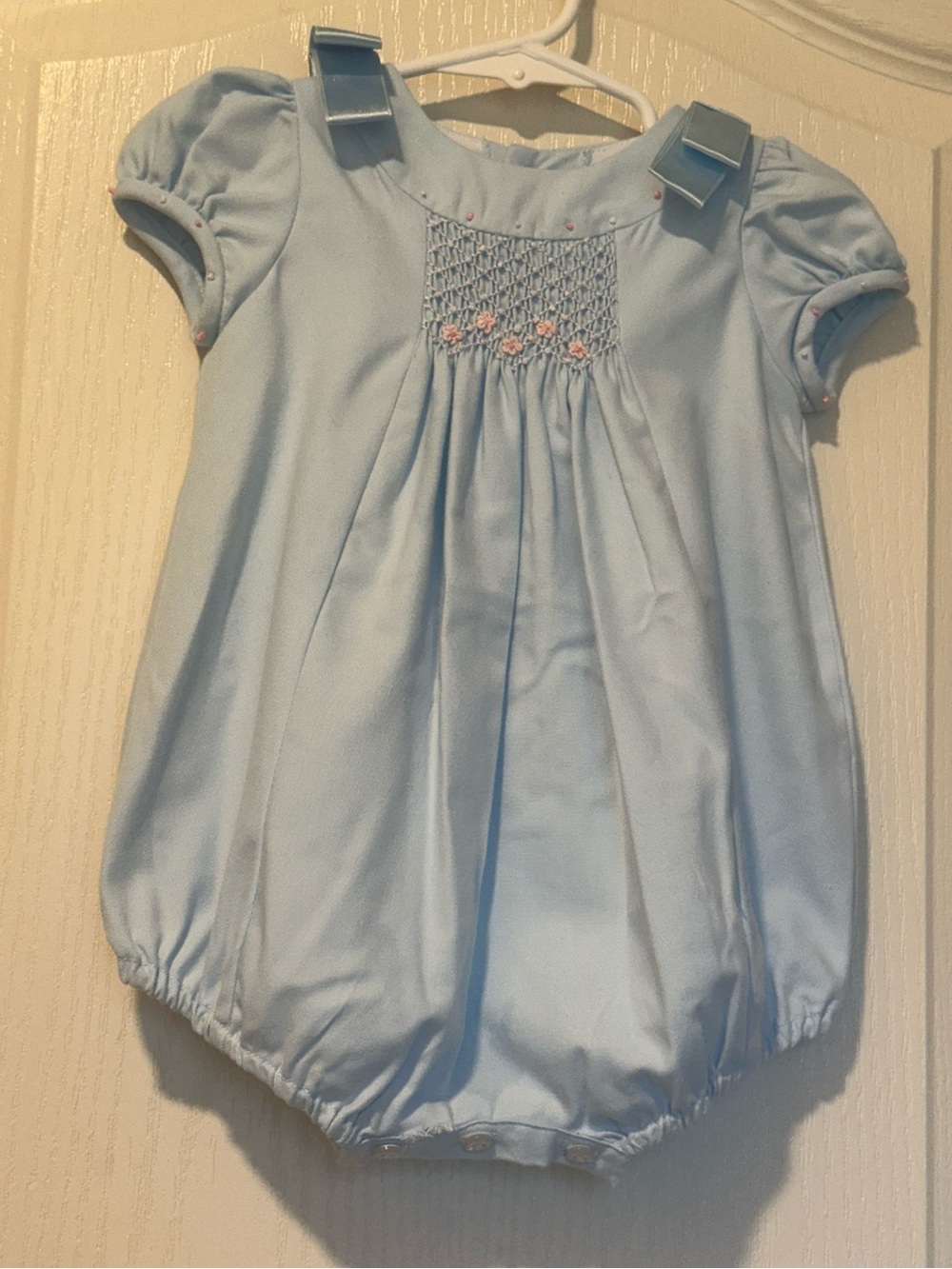 Blue Smocked Floral Baby Bubble Romper | 9M
